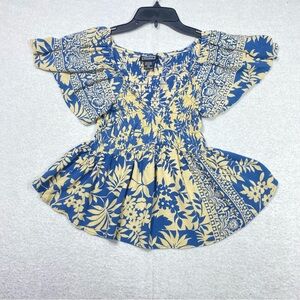 Angie Smocked Floral Leaf Boho Top Women's PXS Peasant Flutter Sleeve V Neck